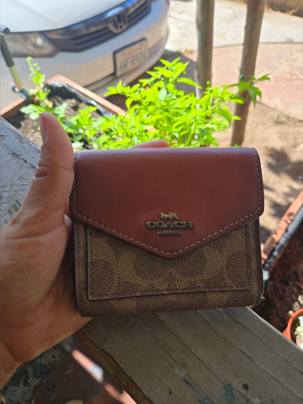Coach Two-Tone Leather Envelope Wallet in Brown and Tan
